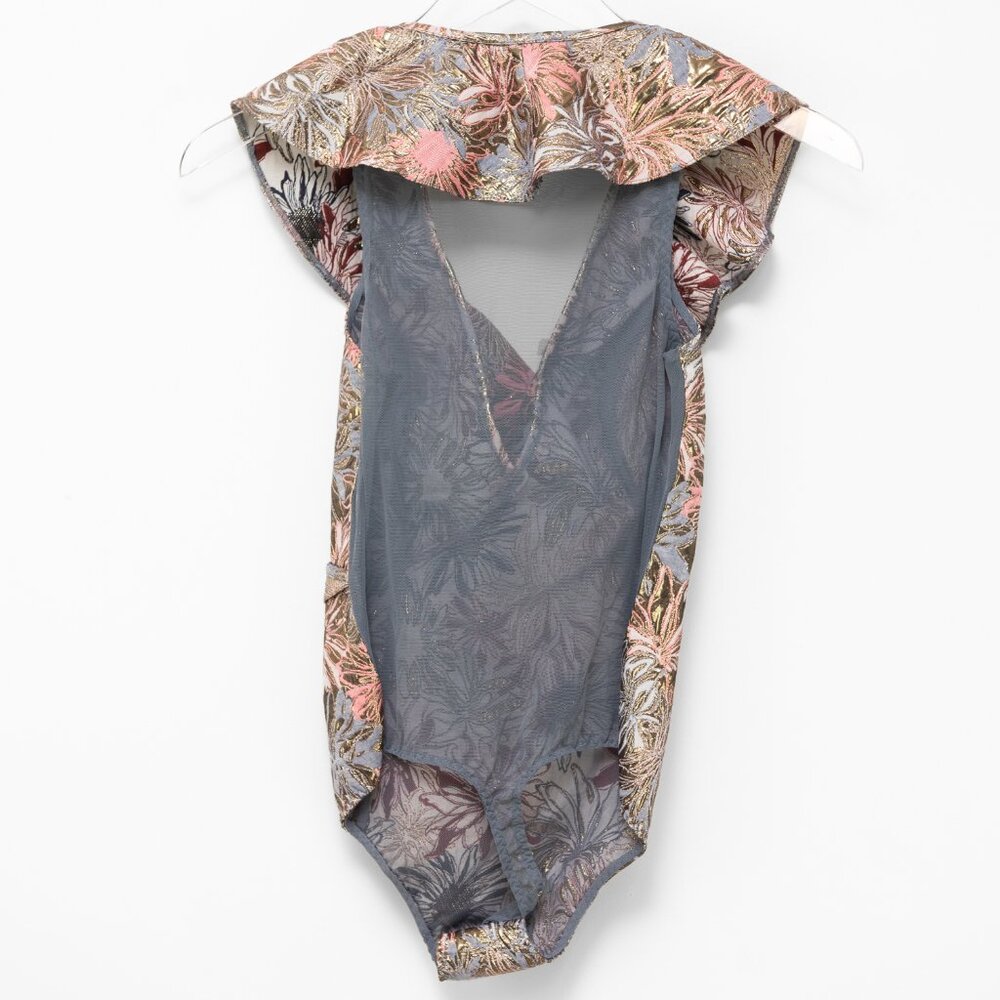 Victoria's Secret Bodysuit Brocade Ruffle Mesh Back Metallic Gold Pink XS New - Picture 2 of 9